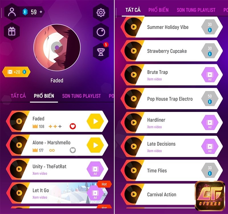 Game có kho nhạc đa dạng và phong phú với hàng trăm bản nhạc hấp dẫn