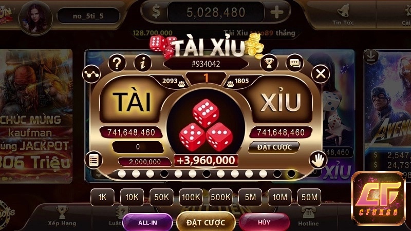 Giao diện trò chơi tài xỉu online với ba viên xúc xắc và bảng đặt cược trực quan, cho phép người chơi theo dõi kết quả thời gian thực.