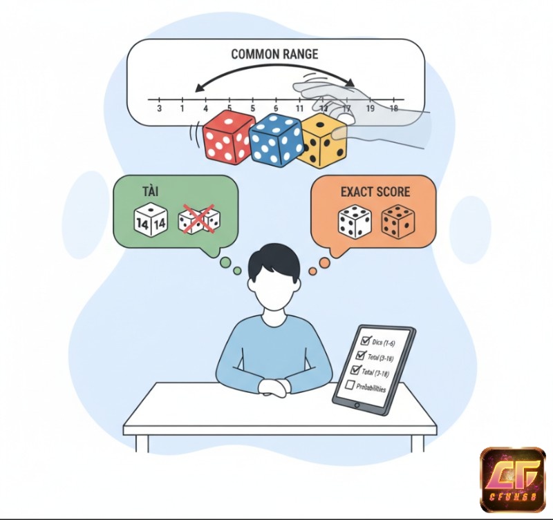 Người chơi đang học cách tính điểm Sicbo với ba viên xúc xắc và các tổng điểm khác nhau, minh họa xác suất