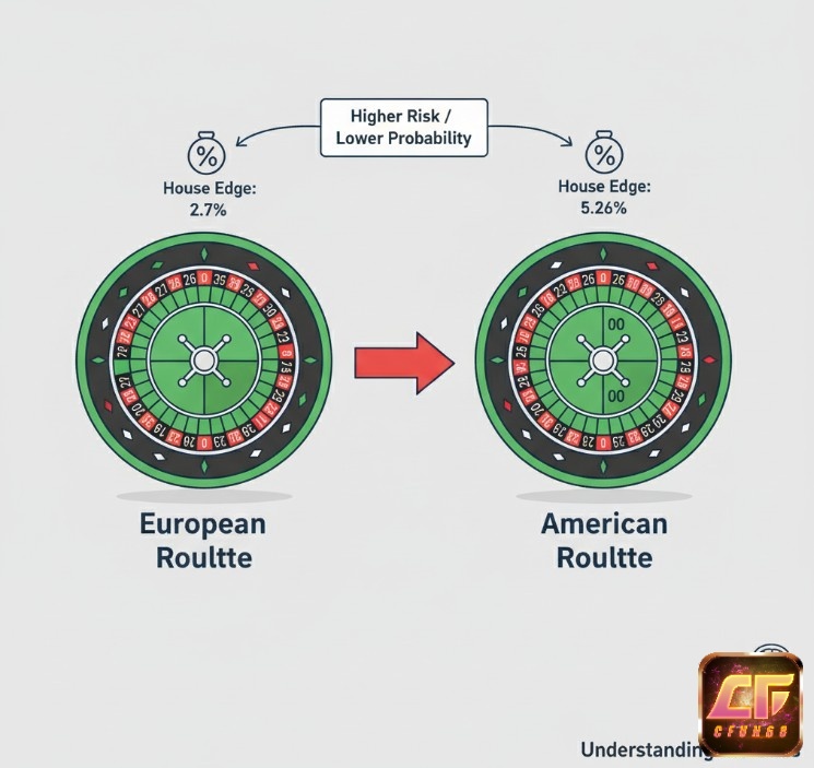 Phân biệt lợi thế nhà cái trong roulette châu Âu (một số 0) và roulette Mỹ (hai số 0), ảnh hưởng đến xác suất thắng