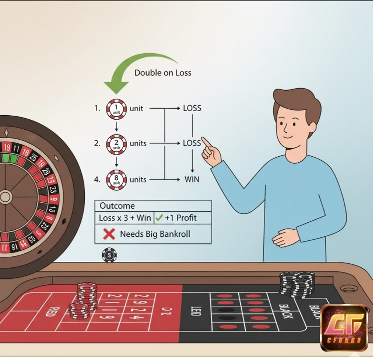 Người chơi roulette áp dụng chiến thuật Martingale, gấp đôi tiền cược sau mỗi lần thua để hòa vốn và kiếm lời