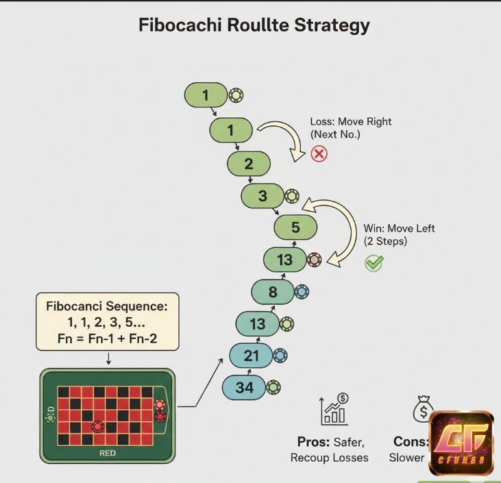 Chiến thuật cược roulette Fibonacci: tăng cược theo dãy số khi thua, lùi hai bước khi thắng, an toàn hơn Martingale