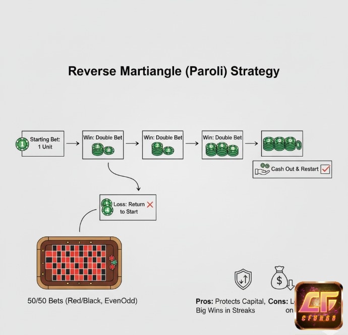 Người chơi roulette áp dụng chiến thuật Reverse Martingale (Paroli) bằng cách gấp đôi cược sau khi thắng và quay về cược ban đầu khi thua