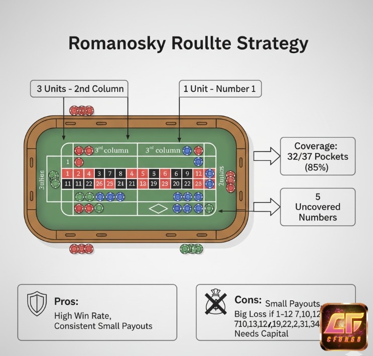 Chiến thuật Romanosky trong roulette: bao phủ 85% bàn cược bằng cách đặt cược vào hai cột và hai số đơn hoặc góc