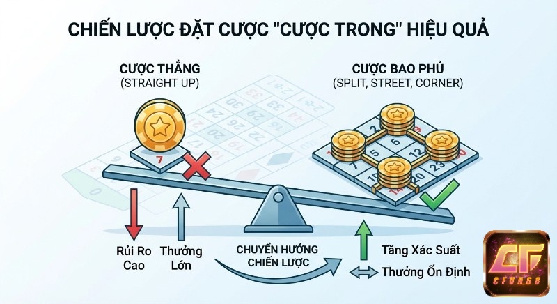 Sơ đồ so sánh chiến lược cược trong hiệu quả: Từ cược thẳng rủi ro cao sang cược bao phủ tăng xác suất, thưởng ổn định