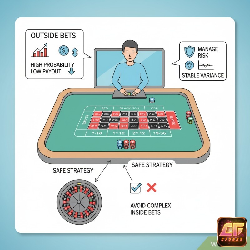Người chơi Roulette đặt cược ngoài (outside bets) để quản lý biến động và áp dụng chiến lược an toàn