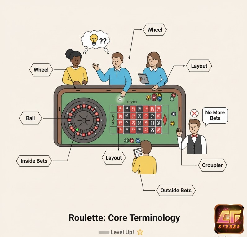 Người chơi tìm hiểu các thuật ngữ cốt lõi như Cò Quay, Bi, Bàn Cược, Croupier để làm chủ Roulette