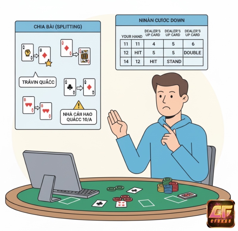 Người chơi Blackjack sử dụng kỹ thuật chia bài và nhân đôi cược để tối ưu hóa ván bài của mình, dựa trên các tình huống cụ thể