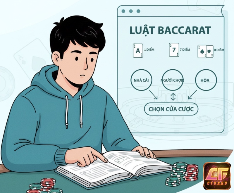 Người chơi tìm hiểu luật Baccarat qua sách, tập trung vào cách tính điểm và các cửa cược đơn giản