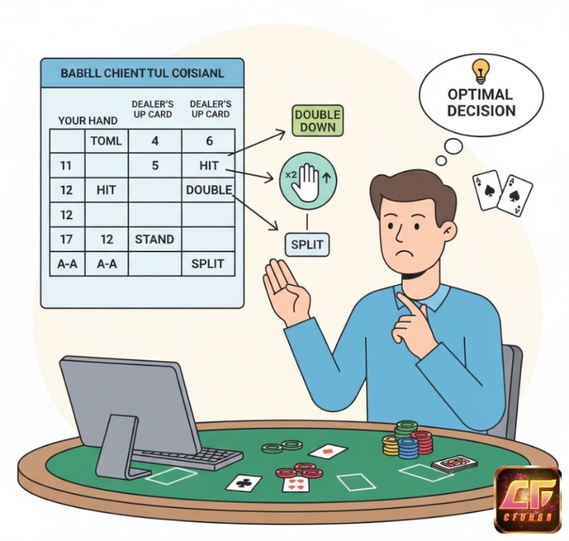 Người chơi Blackjack áp dụng bảng chiến thuật cơ bản, đưa ra quyết định tối ưu như Hit, Stand, Double Down, Split
