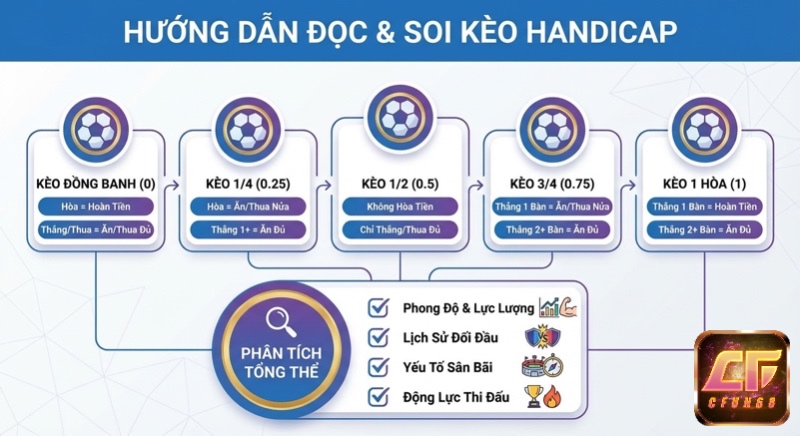 Sơ đồ hướng dẫn đọc các loại kèo Handicap từ đồng banh đến 1 hòa và checklist phân tích tổng thể giúp soi kèo chuẩn