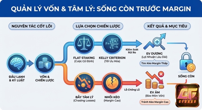 Sơ đồ chiến lược quản lý vốn và tâm lý, phân tích lựa chọn Flat Staking, Kelly Criterion để đạt EV dương và tránh rủi ro margin cao