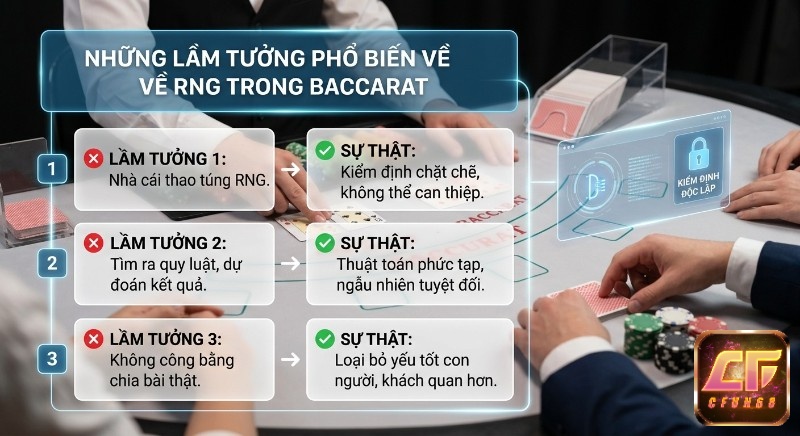 Bảng so sánh 3 lầm tưởng và sự thật về RNG trong Baccarat, chứng minh tính ngẫu nhiên, khách quan được kiểm định độc lập