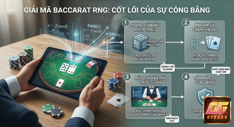 Sơ đồ 4 bước giải mã cơ chế Baccarat RNG là gì đảm bảo tính công bằng, từ tạo số ngẫu nhiên đến ánh xạ thành bài và loại bỏ gian lận