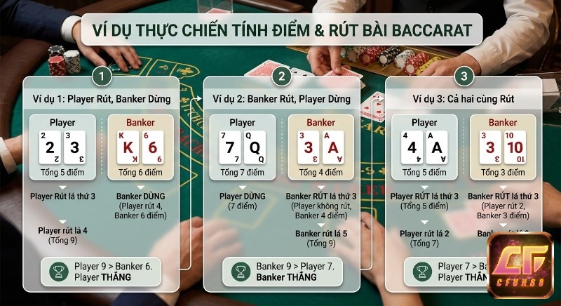 Bảng ví dụ chi tiết các tình huống tính điểm và áp dụng luật rút bài Baccarat trong 3 kịch bản phổ biến