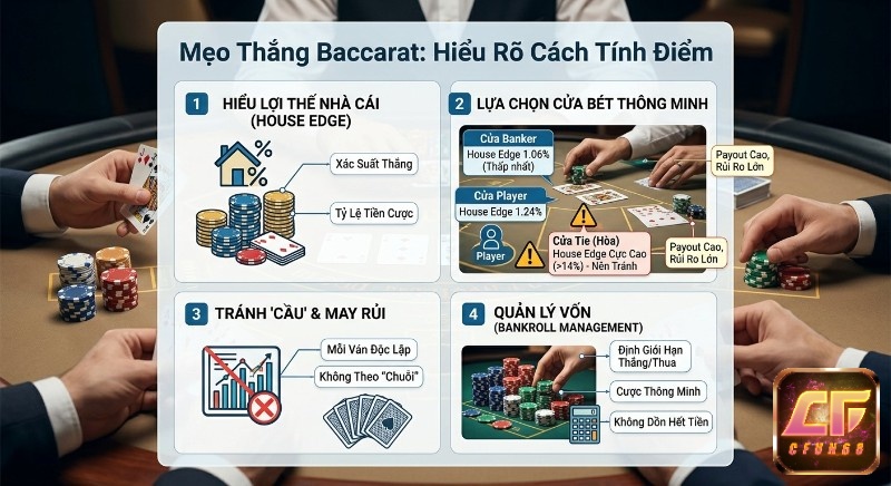 Sơ đồ 4 mẹo thắng Baccarat: nắm rõ lợi thế nhà cái (Banker, Player, Tie), chọn cược thông minh, tránh 'cầu' và quản lý vốn hiệu quả