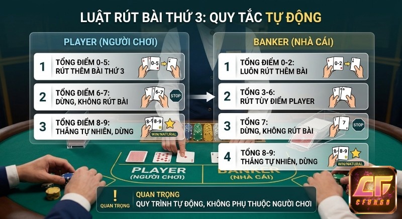 Cách tính điểm baccarat chuẩn: Bảng quy tắc luật rút bài thứ 3 Baccarat tự động, giải thích chi tiết hành động Player và Banker theo tổng điểm để dự đoán ván đấu
