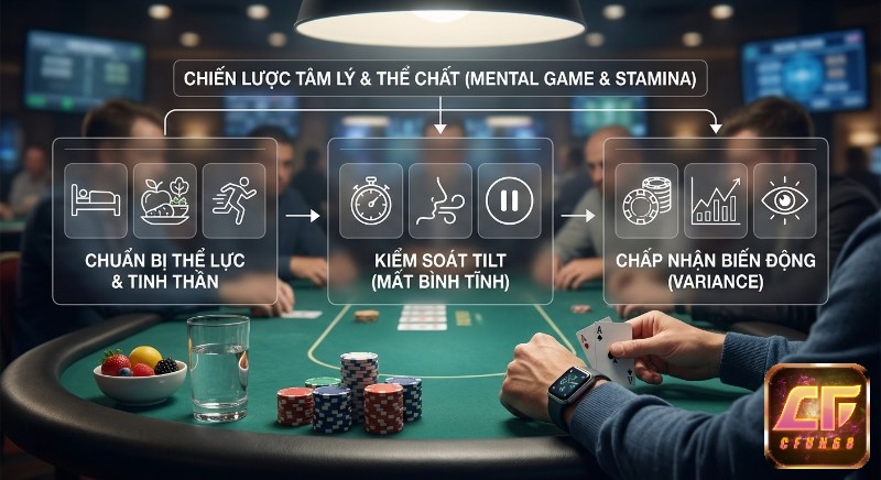 Tổng quan chiến lược tâm lý và thể chất (Mental Game & Stamina) 3 bước: chuẩn bị, kiểm soát tilt, chấp nhận variance trong poker