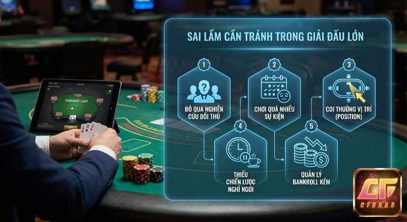 Danh sách 5 sai lầm cần tránh khi tham gia giải đấu poker lớn, từ nghiên cứu đối thủ đến quản lý bankroll hiệu quả