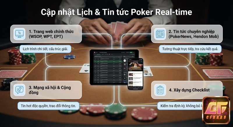 Checklist 4 bước theo dõi lịch thi đấu & tin tức poker real-time từ các nguồn chính thống và chuyên nghiệp để không bỏ lỡ cơ hội