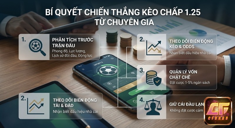 Bí quyết chuyên gia để thắng kèo chấp 1.25 gồm 4 bước: phân tích trận đấu, theo dõi biến động odds, quản lý vốn và kiểm soát tâm lý