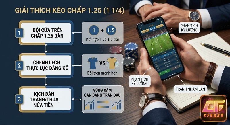 Giải thích chi tiết kèo chấp 1.25 là gì (1 1/4) trong cá độ bóng đá, kịch bản thắng/thua nửa tiền và tầm quan trọng của phân tích kỹ lưỡng