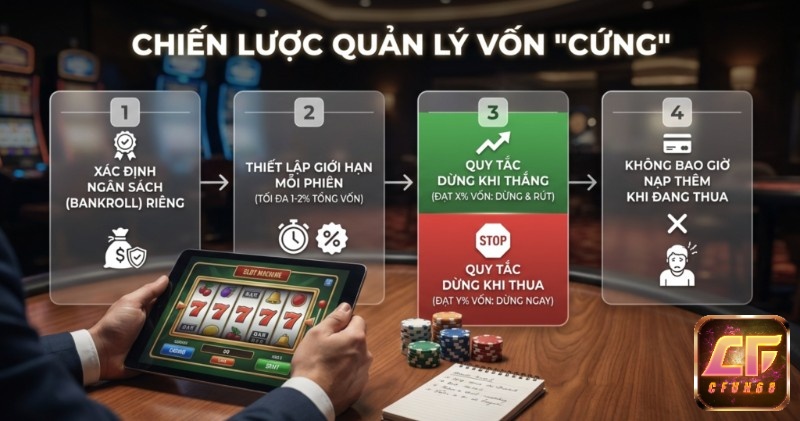 4 nguyên tắc cốt lõi quản lý vốn Slot: chia ngân sách rõ ràng, cược 1–2% và tuân thủ điểm dừng trong kinh nghiệm chơi slot game thắng lớn