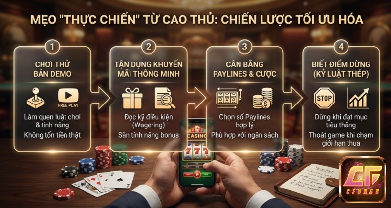 Quy trình 4 bước mẹo thực chiến giúp tối ưu hóa chơi Slot game, từ làm quen bản demo đến kỷ luật dừng đúng lúc
