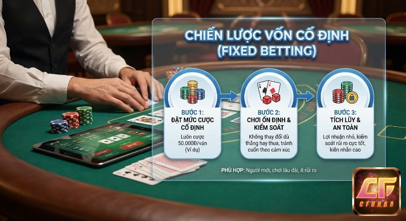 Quy trình 3 bước áp dụng chiến lược vốn cố định (Fixed Betting) giúp người chơi mới kiểm soát rủi ro, tích lũy lợi nhuận nhỏ an toàn