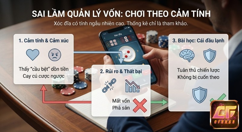 Minh họa sai lầm quản lý vốn xóc đĩa do cảm tính, cảnh báo mất vốn và bài học tuân thủ chiến lược với cái đầu lạnh