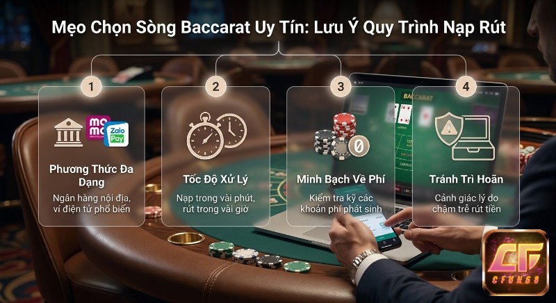 Mẹo chọn sòng cách chơi Baccarat trực tuyến uy tín, với 4 tiêu chí nạp rút: phương thức đa dạng, tốc độ, phí minh bạch, tránh trì hoãn