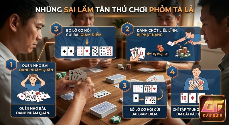 Tổng hợp các sai lầm tân thủ thường mắc phải khi cách chơi Phỏm Tá Lả: quên bài, đánh chốt liều, bỏ lỡ gửi bài và ôm rác điểm cao