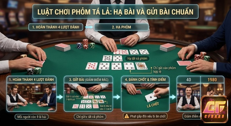 Hướng dẫn từng bước luật cách chơi Phỏm Tá Lả: hạ bài và gửi bài chuẩn để giảm điểm rác, tối ưu điểm số cuối ván