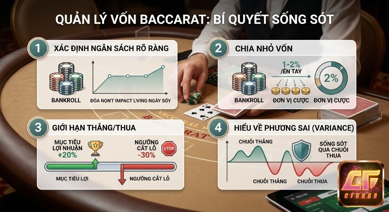 Hướng dẫn quản lý vốn Baccarat: 4 bí quyết,mẹo chơi baccarat sống sót qua chuỗi thua, tăng trưởng, đặt giới hạn lãi 20% và cắt lỗ 30%