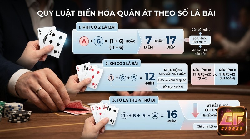 Quy luật biến hóa quân Át trong xì dách: 2 lá (Át+6=7/17 điểm), 3 lá (Át+6+5=12 điểm, Át tự động về 1), từ 4 lá trở đi Át luôn là 1 điểm