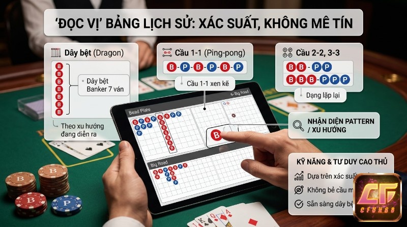 Đọc vị bảng lịch sử kết quả Baccarat trên tablet, nhận diện các pattern Dây bệt, Cầu 1-1, Cầu 2-2, 3-3 dựa trên xác suất thống kê
