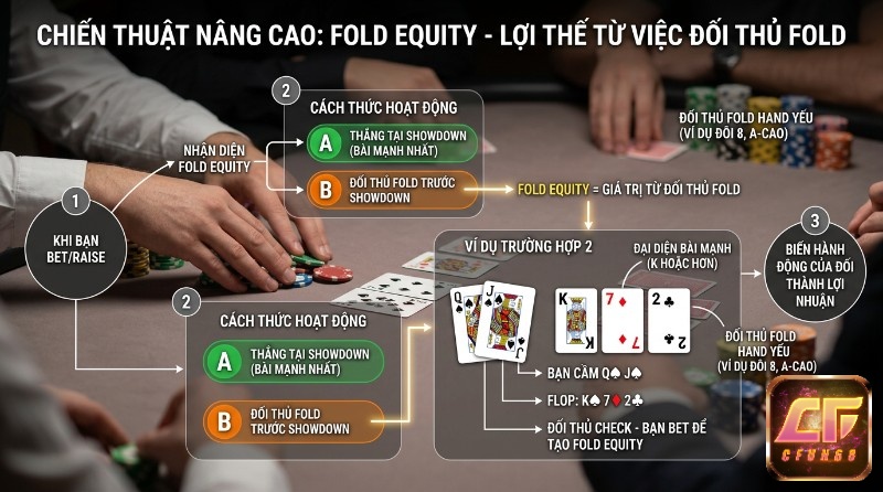 Chiến thuật Fold Equity trong poker, giải thích cách thắng pot khi đối thủ fold trước showdown, với ví dụ bạn cầm QJ bet khi flop K72 để tạo lợi thế