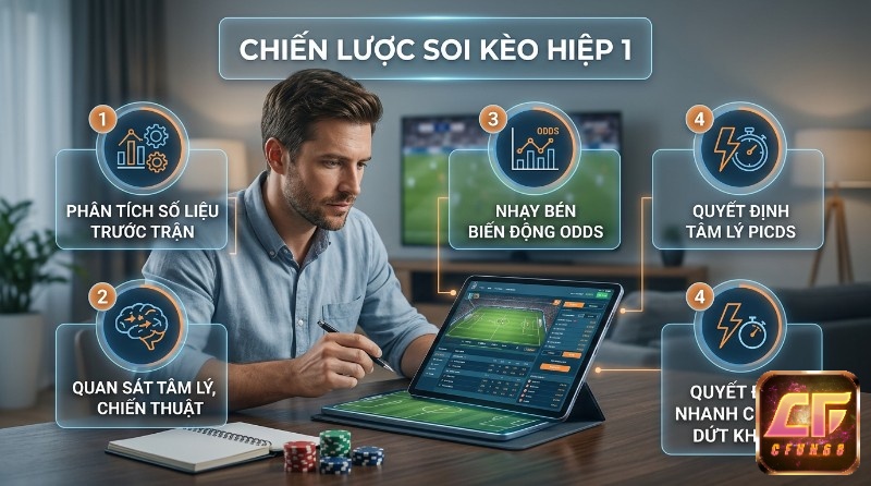 Chiến lược soi kèo hiệp 1 là gì với người đàn ông xem kèo bóng đá trên máy tính bảng, phân tích số liệu, tâm lý, biến động odds và quyết định nhanh chóng