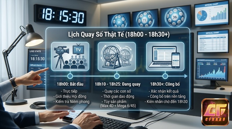 Lịch quay vietlott số thực tế từ 18h00 bắt đầu trực tiếp, 18h10-18h25 quay số, đến 18h30+ công bố kết quả chính thức trên màn hình
