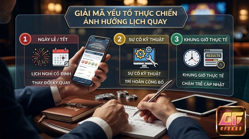 Giải mã yếu tố thực chiến ảnh hưởng lịch quay vietlott: ngày lễ thay đổi kỳ quay, sự cố kỹ thuật trì hoãn công bố, khung giờ thực tế chậm trễ cập nhật