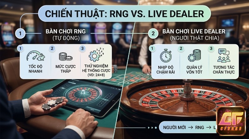 So sánh RNG và Live Dealer: RNG nhanh, cược thấp, thử nghiệm hệ thống cược; Live Dealer chậm, quản lý vốn tốt, tương tác chân thực
