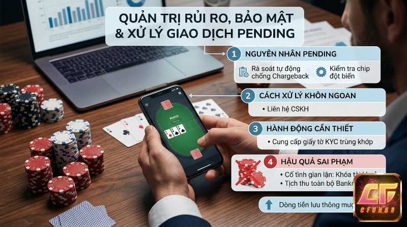 Quản trị rủi ro, bảo mật giao dịch pending khi chơi poker: Nguyên nhân (chống chargeback, chip đột biến), cách xử lý (liên hệ CSKH, KYC), hậu quả gian lận