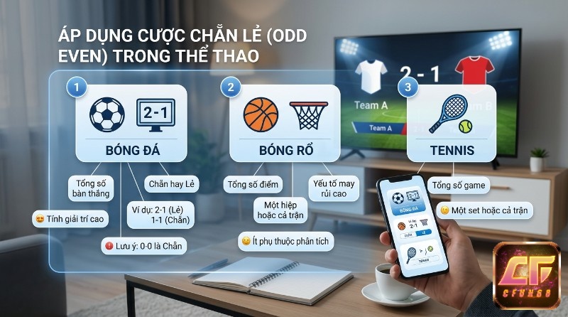 Áp dụng cược Odd Even là gì trong thể thao cho bóng đá (tổng bàn thắng 2-1 Lẻ, 0-0 Chẵn), bóng rổ (tổng điểm), tennis (tổng game) trên ứng dụng di động
