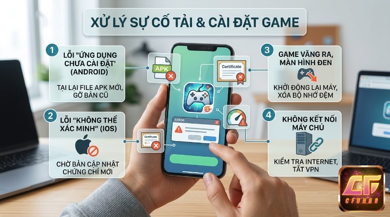 Xử lý sự cố tải và cài đặt game trên điện thoại, giải quyết lỗi Android, iOS, game văng, màn hình đen, không kết nối server
