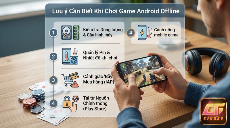 Lưu ý chơi top game nhập vai offline hay nhất android: kiểm tra dung lượng, cấu hình, pin, nhiệt độ, IAP, nguồn chính thống. Người chơi đang chơi game FPS