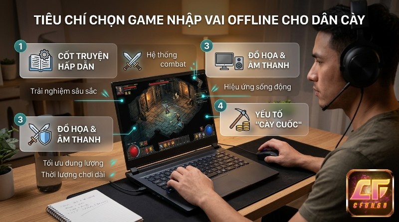 Tiêu chí chọn, top game nhập vai offline hay nhất android, cho dân cày: game thủ chơi trên laptop, màn hình hiển thị RPG, cốt truyện, combat, đồ họa, âm thanh, cày cuốc